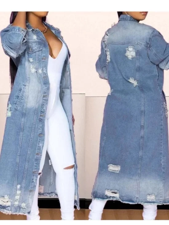 Long Distressed Denim Jacket Dress - Light Blue - Picture 2 of 9